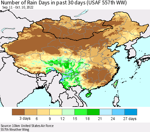 China, Mongolia and Taiwan Number of Rain Days in past 30 days (USAF 557th WW) 10/10/2022 Thematic Map For 10/6/2022 - 10/10/2022