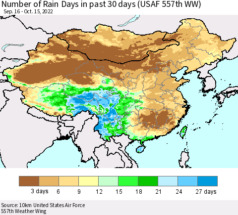 China, Mongolia and Taiwan Number of Rain Days in past 30 days (USAF 557th WW) 10/15/2022 Thematic Map For 10/11/2022 - 10/15/2022
