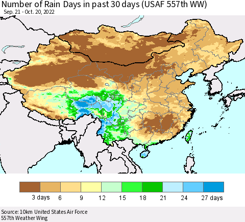 China, Mongolia and Taiwan Number of Rain Days in past 30 days (USAF 557th WW) 10/20/2022 Thematic Map For 10/16/2022 - 10/20/2022