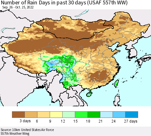 China, Mongolia and Taiwan Number of Rain Days in past 30 days (USAF 557th WW) 10/25/2022 Thematic Map For 10/21/2022 - 10/25/2022