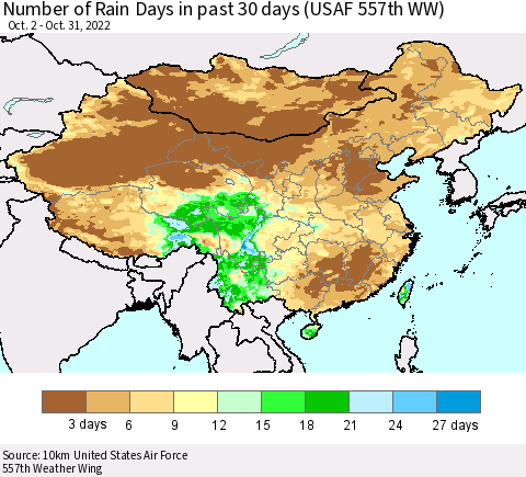 China, Mongolia and Taiwan Number of Rain Days in past 30 days (USAF 557th WW) 10/31/2022 Thematic Map For 10/26/2022 - 10/31/2022