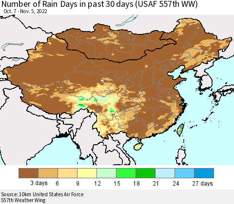China, Mongolia and Taiwan Number of Rain Days in past 30 days (USAF 557th WW) 11/05/2022 Thematic Map For 11/1/2022 - 11/5/2022