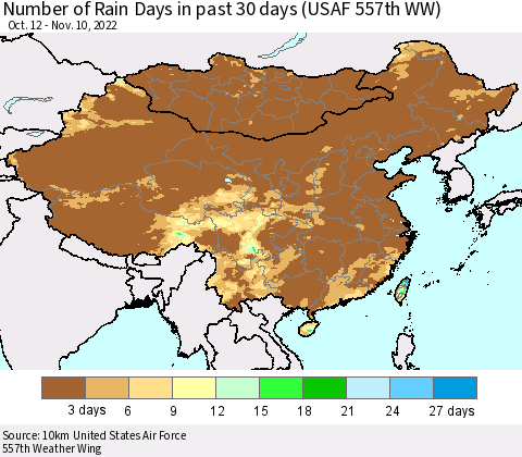 China, Mongolia and Taiwan Number of Rain Days in past 30 days (USAF 557th WW) 11/10/2022 Thematic Map For 11/6/2022 - 11/10/2022