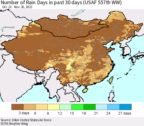 China, Mongolia and Taiwan Number of Rain Days in past 30 days (USAF 557th WW) 11/20/2022 Thematic Map For 11/16/2022 - 11/20/2022