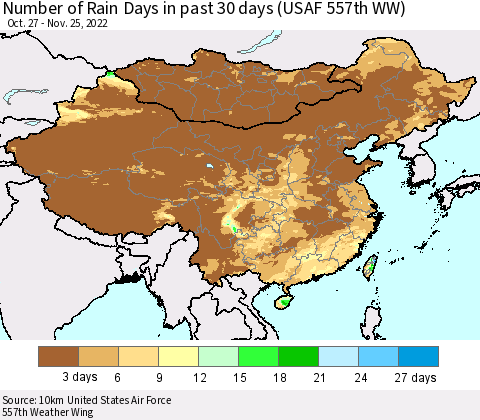 China, Mongolia and Taiwan Number of Rain Days in past 30 days (USAF 557th WW) 11/25/2022 Thematic Map For 11/21/2022 - 11/25/2022