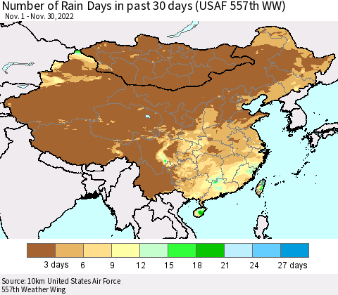China, Mongolia and Taiwan Number of Rain Days in past 30 days (USAF 557th WW) 11/30/2022 Thematic Map For 11/26/2022 - 11/30/2022