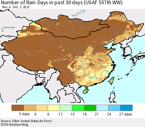 China, Mongolia and Taiwan Number of Rain Days in past 30 days (USAF 557th WW) 12/05/2022 Thematic Map For 12/1/2022 - 12/5/2022