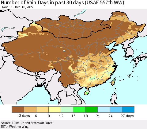 China, Mongolia and Taiwan Number of Rain Days in past 30 days (USAF 557th WW) 12/10/2022 Thematic Map For 12/6/2022 - 12/10/2022
