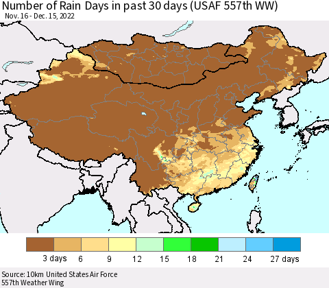 China, Mongolia and Taiwan Number of Rain Days in past 30 days (USAF 557th WW) 12/15/2022 Thematic Map For 12/11/2022 - 12/15/2022