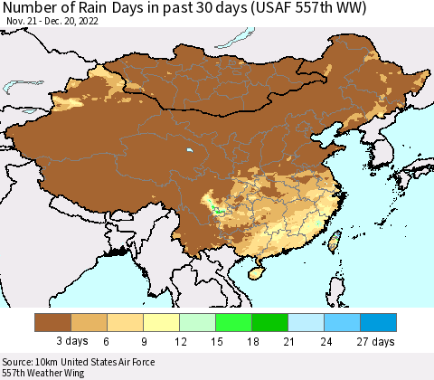 China, Mongolia and Taiwan Number of Rain Days in past 30 days (USAF 557th WW) 12/20/2022 Thematic Map For 12/16/2022 - 12/20/2022