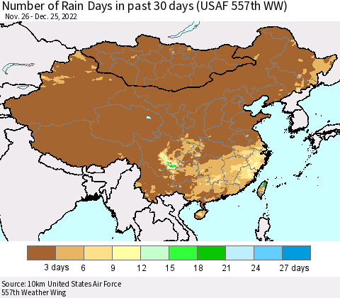 China, Mongolia and Taiwan Number of Rain Days in past 30 days (USAF 557th WW) 12/25/2022 Thematic Map For 12/21/2022 - 12/25/2022