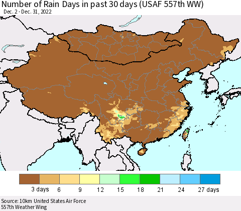 China, Mongolia and Taiwan Number of Rain Days in past 30 days (USAF 557th WW) 12/31/2022 Thematic Map For 12/26/2022 - 12/31/2022