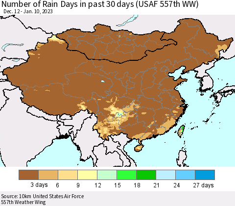 China, Mongolia and Taiwan Number of Rain Days in past 30 days (USAF 557th WW) 01/10/2023 Thematic Map For 1/6/2023 - 1/10/2023