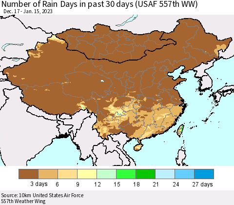 China, Mongolia and Taiwan Number of Rain Days in past 30 days (USAF 557th WW) 01/15/2023 Thematic Map For 1/11/2023 - 1/15/2023
