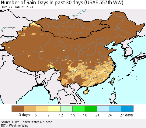 China, Mongolia and Taiwan Number of Rain Days in past 30 days (USAF 557th WW) 01/25/2023 Thematic Map For 1/21/2023 - 1/25/2023