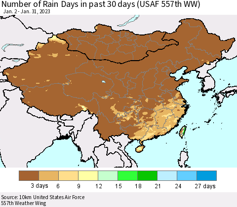 China, Mongolia and Taiwan Number of Rain Days in past 30 days (USAF 557th WW) 01/31/2023 Thematic Map For 1/26/2023 - 1/31/2023