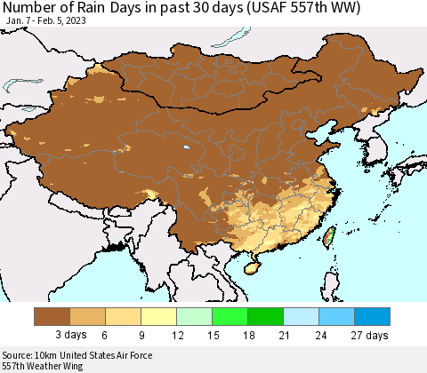 China, Mongolia and Taiwan Number of Rain Days in past 30 days (USAF 557th WW) 02/05/2023 Thematic Map For 2/1/2023 - 2/5/2023