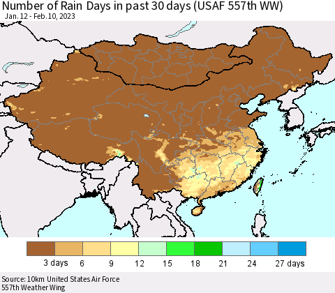 China, Mongolia and Taiwan Number of Rain Days in past 30 days (USAF 557th WW) 02/10/2023 Thematic Map For 2/6/2023 - 2/10/2023