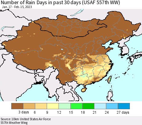 China, Mongolia and Taiwan Number of Rain Days in past 30 days (USAF 557th WW) 02/15/2023 Thematic Map For 2/11/2023 - 2/15/2023
