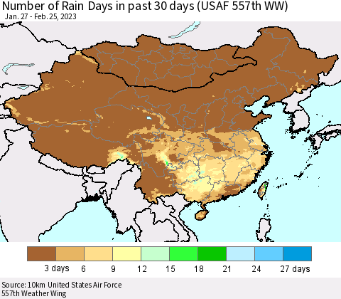China, Mongolia and Taiwan Number of Rain Days in past 30 days (USAF 557th WW) 02/25/2023 Thematic Map For 2/21/2023 - 2/25/2023