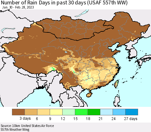 China, Mongolia and Taiwan Number of Rain Days in past 30 days (USAF 557th WW) 02/28/2023 Thematic Map For 2/26/2023 - 2/28/2023