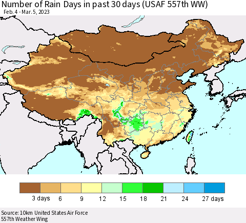 China, Mongolia and Taiwan Number of Rain Days in past 30 days (USAF 557th WW) 03/05/2023 Thematic Map For 3/1/2023 - 3/5/2023