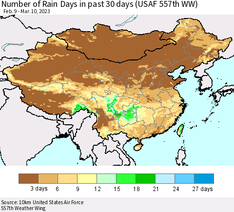 China, Mongolia and Taiwan Number of Rain Days in past 30 days (USAF 557th WW) 03/10/2023 Thematic Map For 3/6/2023 - 3/10/2023