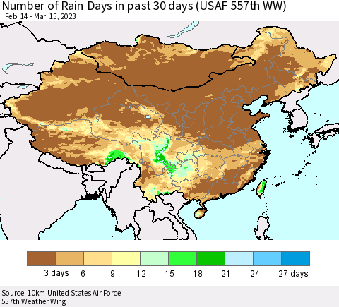 China, Mongolia and Taiwan Number of Rain Days in past 30 days (USAF 557th WW) 03/15/2023 Thematic Map For 3/11/2023 - 3/15/2023