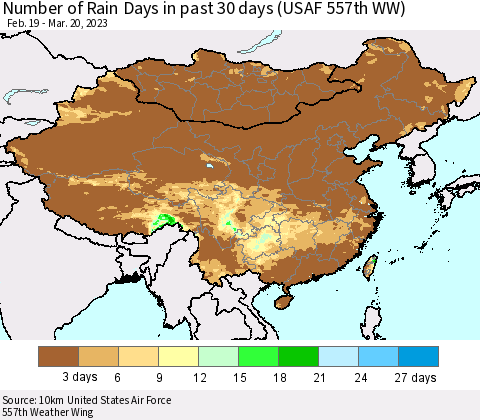 China, Mongolia and Taiwan Number of Rain Days in past 30 days (USAF 557th WW) 03/20/2023 Thematic Map For 3/16/2023 - 3/20/2023