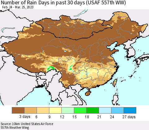 China, Mongolia and Taiwan Number of Rain Days in past 30 days (USAF 557th WW) 03/25/2023 Thematic Map For 3/21/2023 - 3/25/2023