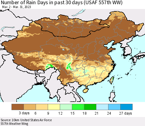 China, Mongolia and Taiwan Number of Rain Days in past 30 days (USAF 557th WW) 03/31/2023 Thematic Map For 3/26/2023 - 3/31/2023