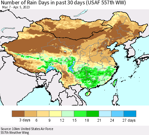 China, Mongolia and Taiwan Number of Rain Days in past 30 days (USAF 557th WW) 04/05/2023 Thematic Map For 4/1/2023 - 4/5/2023