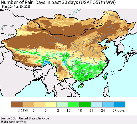 China, Mongolia and Taiwan Number of Rain Days in past 30 days (USAF 557th WW) 04/10/2023 Thematic Map For 4/6/2023 - 4/10/2023