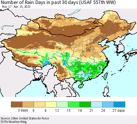 China, Mongolia and Taiwan Number of Rain Days in past 30 days (USAF 557th WW) 04/15/2023 Thematic Map For 4/11/2023 - 4/15/2023