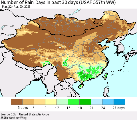 China, Mongolia and Taiwan Number of Rain Days in past 30 days (USAF 557th WW) 04/20/2023 Thematic Map For 4/16/2023 - 4/20/2023
