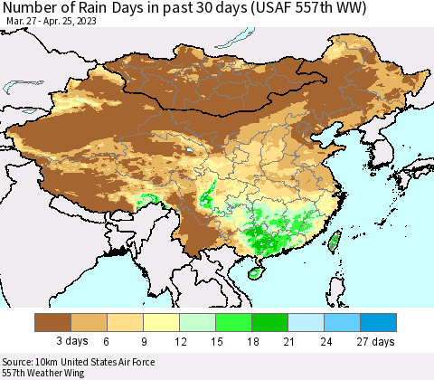China, Mongolia and Taiwan Number of Rain Days in past 30 days (USAF 557th WW) 04/25/2023 Thematic Map For 4/21/2023 - 4/25/2023