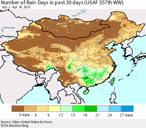 China, Mongolia and Taiwan Number of Rain Days in past 30 days (USAF 557th WW) 04/30/2023 Thematic Map For 4/26/2023 - 4/30/2023