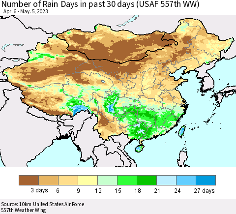 China, Mongolia and Taiwan Number of Rain Days in past 30 days (USAF 557th WW) 05/05/2023 Thematic Map For 5/1/2023 - 5/5/2023