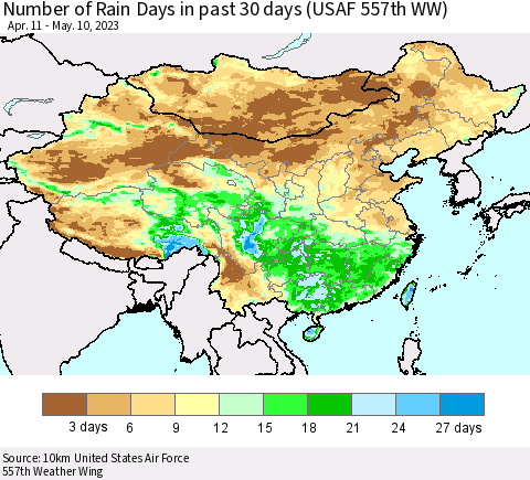 China, Mongolia and Taiwan Number of Rain Days in past 30 days (USAF 557th WW) 05/10/2023 Thematic Map For 5/6/2023 - 5/10/2023