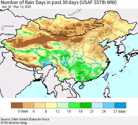 China, Mongolia and Taiwan Number of Rain Days in past 30 days (USAF 557th WW) 05/15/2023 Thematic Map For 5/11/2023 - 5/15/2023