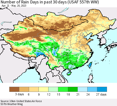 China, Mongolia and Taiwan Number of Rain Days in past 30 days (USAF 557th WW) 05/20/2023 Thematic Map For 5/16/2023 - 5/20/2023
