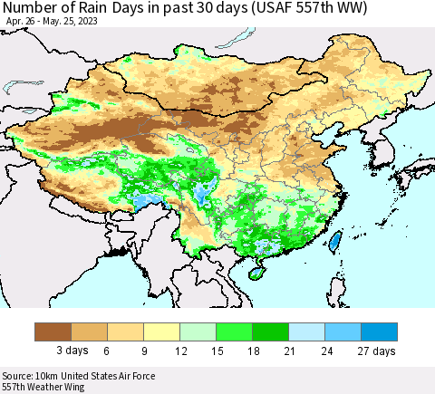 China, Mongolia and Taiwan Number of Rain Days in past 30 days (USAF 557th WW) 05/25/2023 Thematic Map For 5/21/2023 - 5/25/2023
