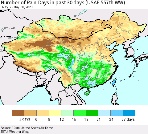 China, Mongolia and Taiwan Number of Rain Days in past 30 days (USAF 557th WW) 05/31/2023 Thematic Map For 5/26/2023 - 5/31/2023