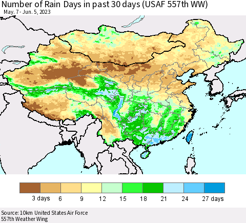 China, Mongolia and Taiwan Number of Rain Days in past 30 days (USAF 557th WW) 06/05/2023 Thematic Map For 6/1/2023 - 6/5/2023