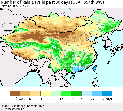 China, Mongolia and Taiwan Number of Rain Days in past 30 days (USAF 557th WW) 06/10/2023 Thematic Map For 6/6/2023 - 6/10/2023