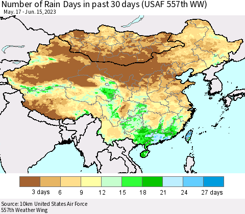 China, Mongolia and Taiwan Number of Rain Days in past 30 days (USAF 557th WW) 06/15/2023 Thematic Map For 6/11/2023 - 6/15/2023
