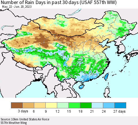 China, Mongolia and Taiwan Number of Rain Days in past 30 days (USAF 557th WW) 06/20/2023 Thematic Map For 6/16/2023 - 6/20/2023