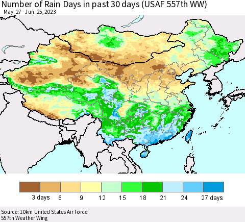 China, Mongolia and Taiwan Number of Rain Days in past 30 days (USAF 557th WW) 06/25/2023 Thematic Map For 6/21/2023 - 6/25/2023