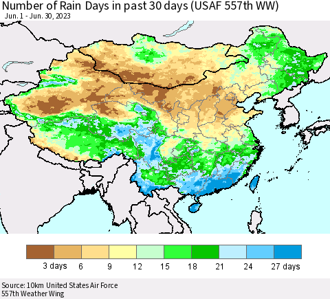 China, Mongolia and Taiwan Number of Rain Days in past 30 days (USAF 557th WW) 06/30/2023 Thematic Map For 6/26/2023 - 6/30/2023