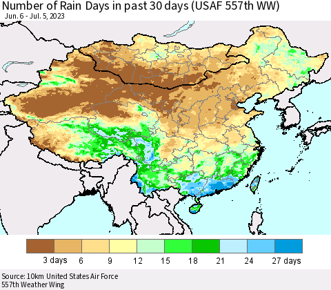 China, Mongolia and Taiwan Number of Rain Days in past 30 days (USAF 557th WW) 07/05/2023 Thematic Map For 7/1/2023 - 7/5/2023